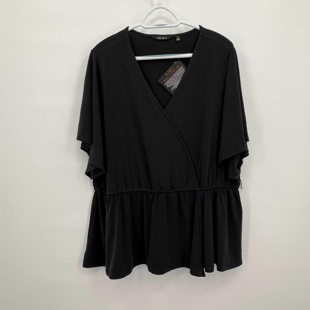 IMAN Global Chic Black Surplice Peplum Flutter Sleeve Top Plus Size 1X NEW‎